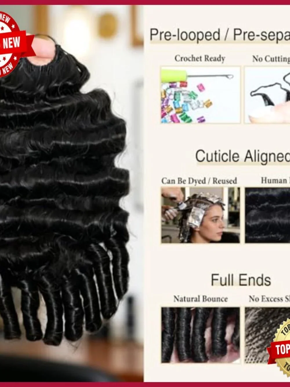 16 Inch Curly Human Hair Extensions, Pre-Separated Knotless Crochet, 50g